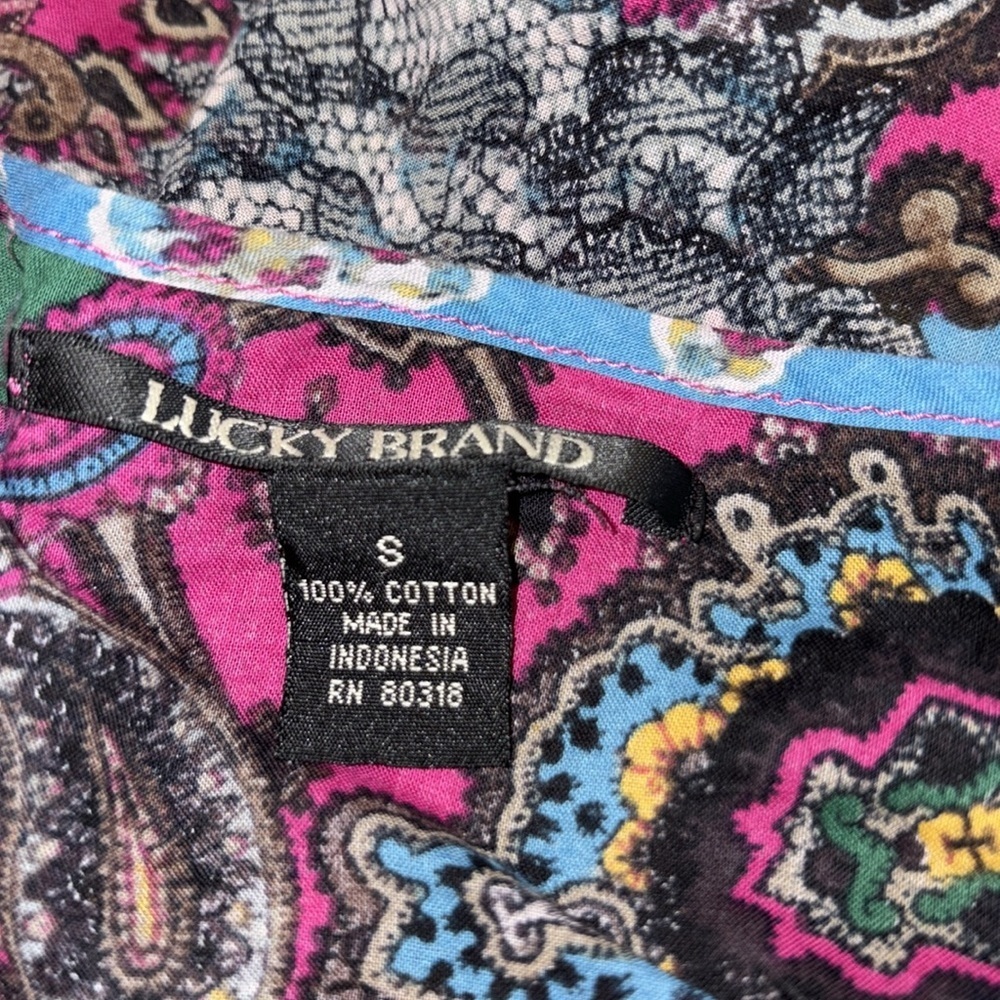 Lucky Brand blouse tunic long sleeves V cutout paisley 100% cotton Sz small - Picture 7 of 9